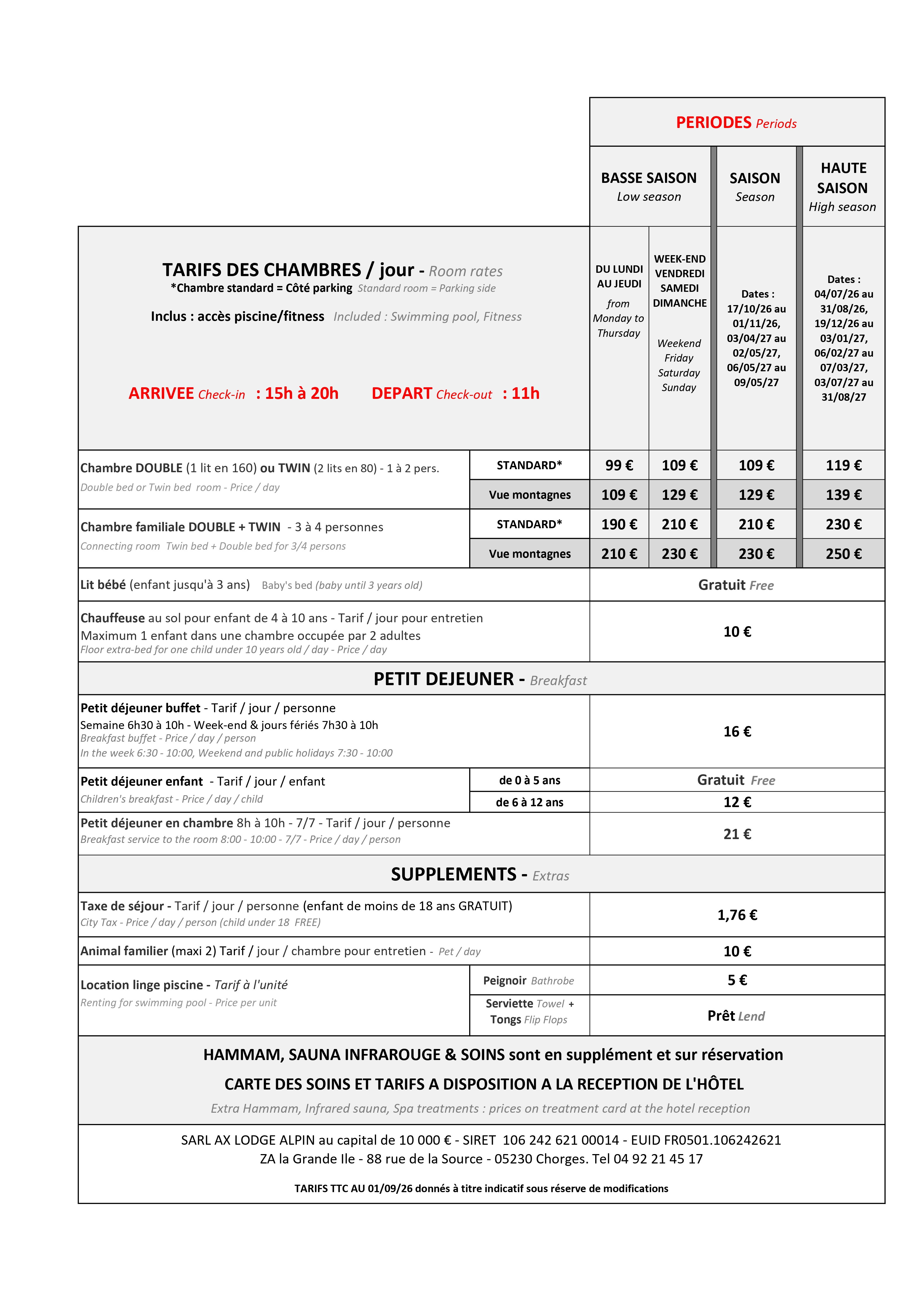 tarif chambres AxHotel sept 2026